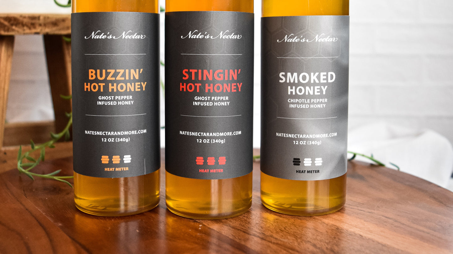 Nate's Nectar Hot Honey Collection, ghost pepper infused, chipotle pepper infused