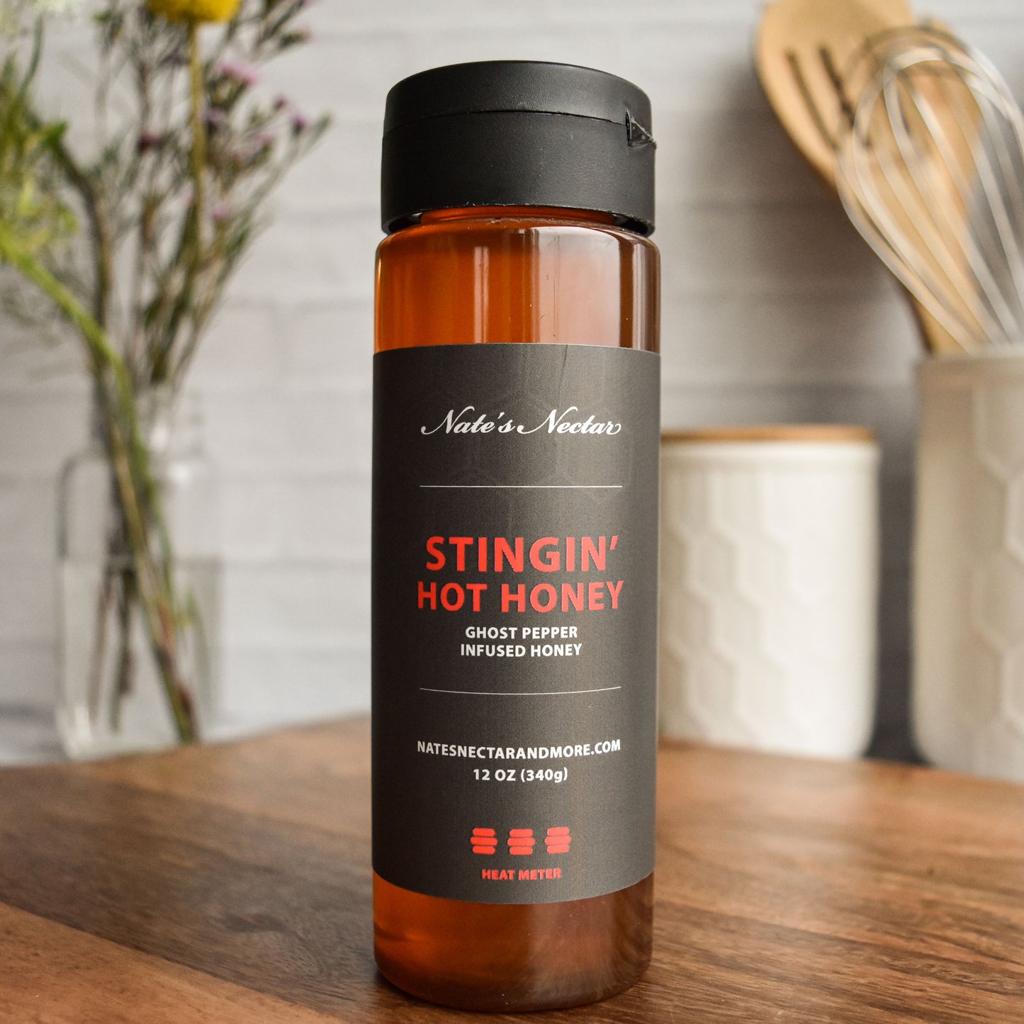 Nate's Nectar Stingin' hot honey, ghost pepper infused honey, hottest level hot honey