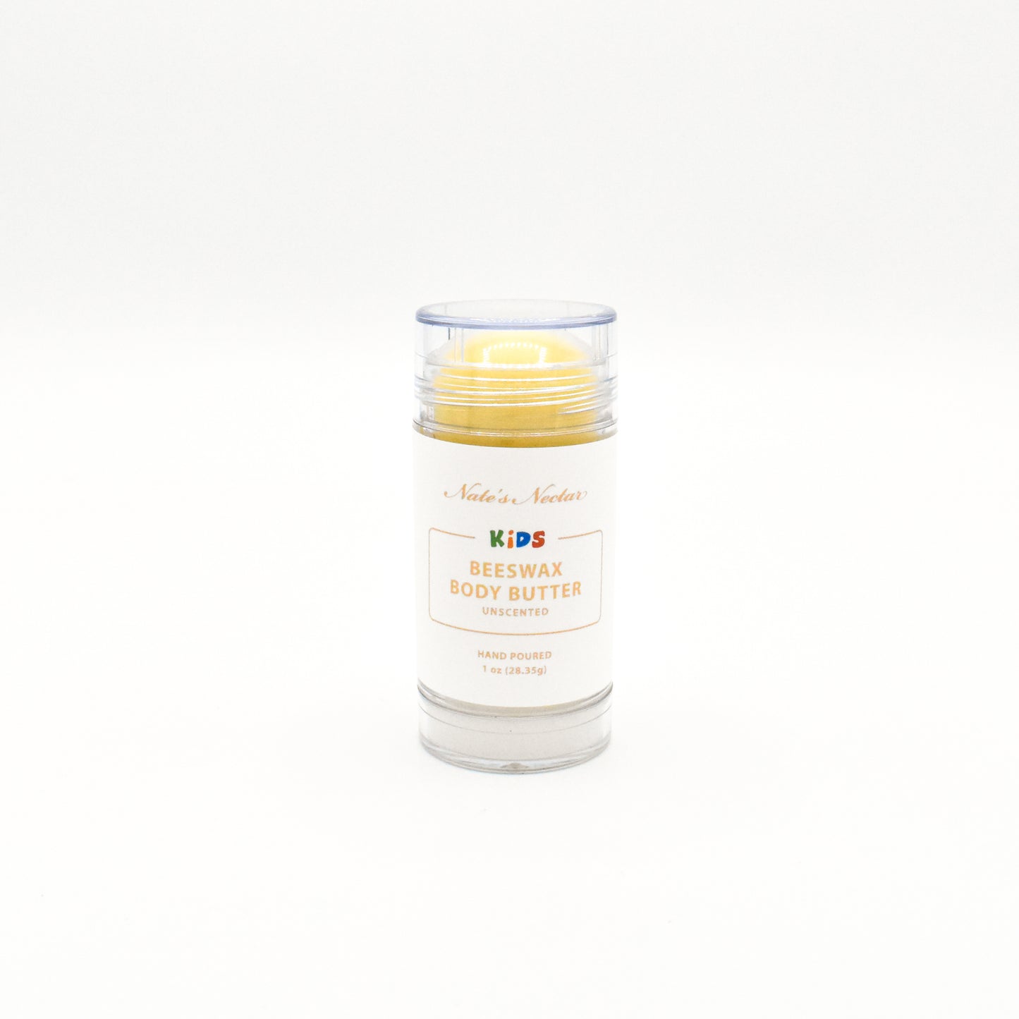 Body butter stick with visible label on a white background