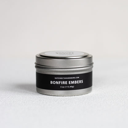 Tin labeled 'Bonfire Embers' on a light gray background