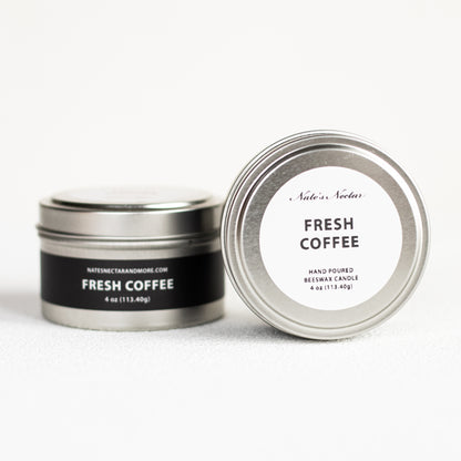 Silver candle tin labeled 'Fresh Coffee' on a white background