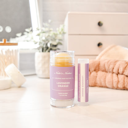 Solid lavender orange body butter in a push-up stick for on-the-go use