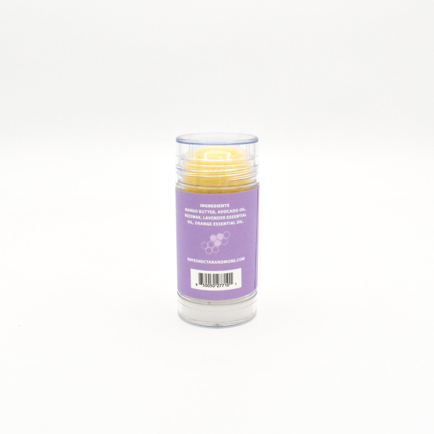 Solid lavender orange body butter in a push-up stick for on-the-go use