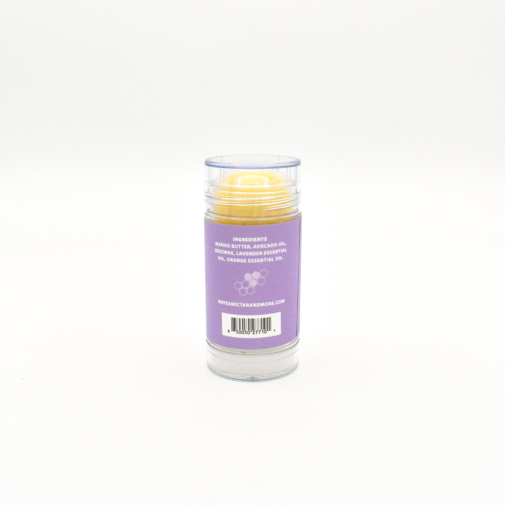 Solid lavender orange body butter in a push-up stick for on-the-go use