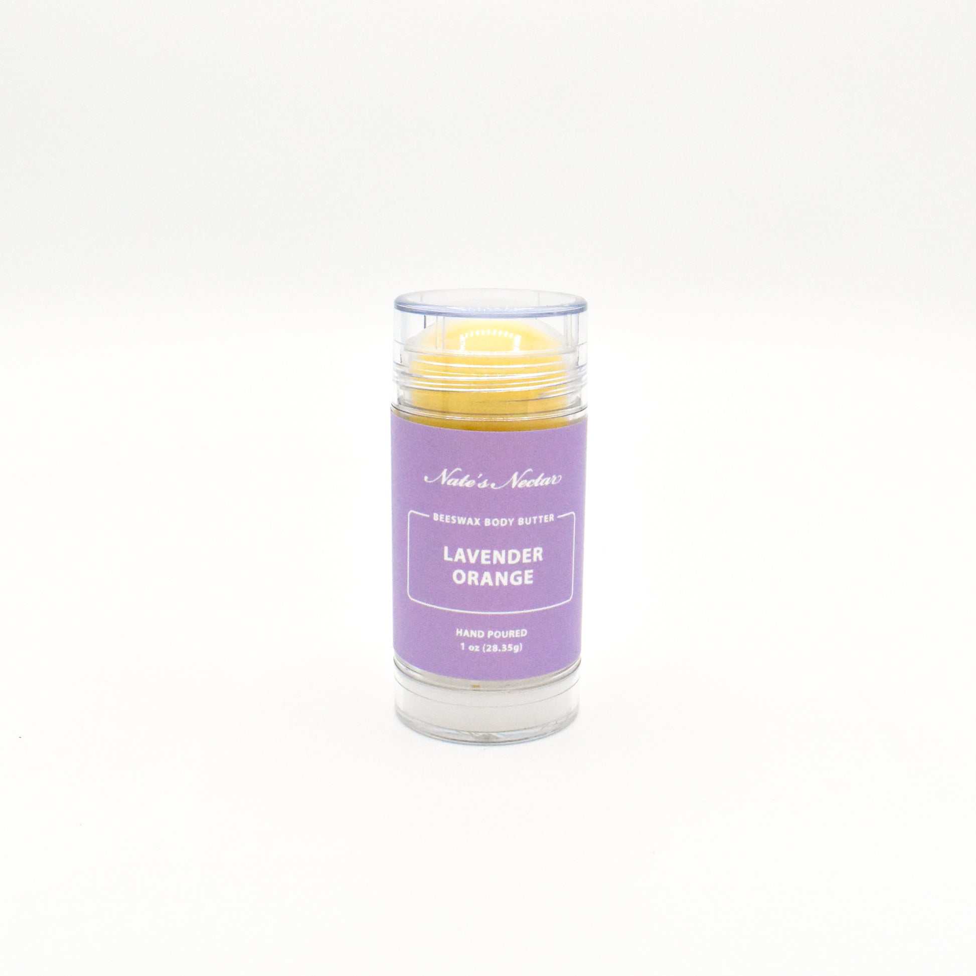 Solid lavender orange body butter in a push-up stick for on-the-go use