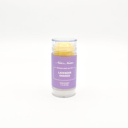 Solid lavender orange body butter in a push-up stick for on-the-go use