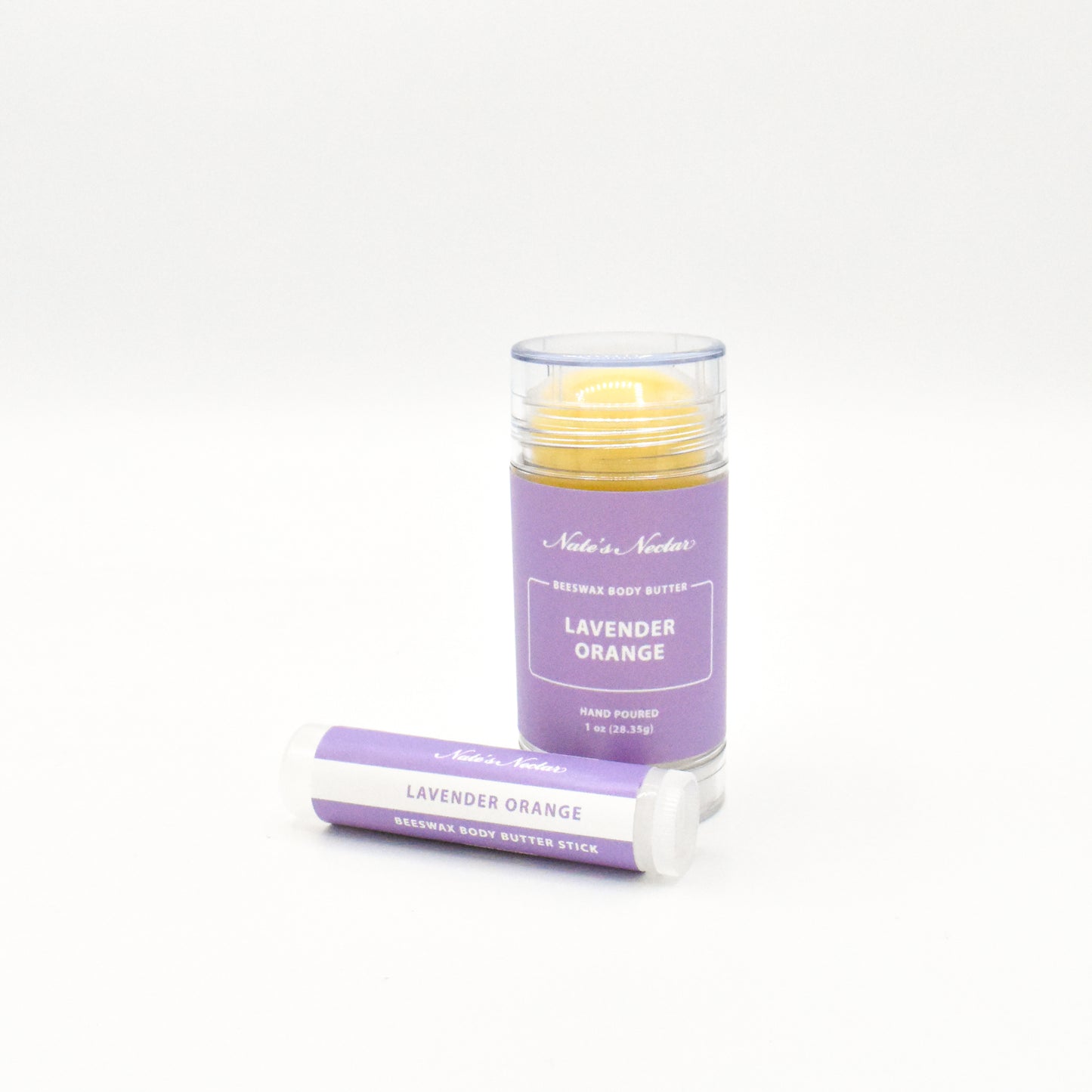 Solid lavender orange body butter in a push-up stick for on-the-go use