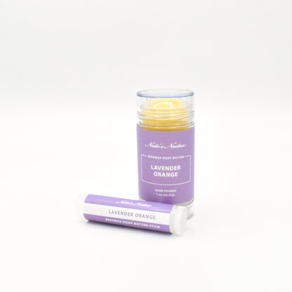 Solid lavender orange body butter in a push-up stick for on-the-go use