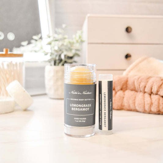 Lemongrass Bergamot Beeswax Body Butter, Nate's Nectar Beeswax Skin Care, Hand Poured, 1 oz and Body Butter